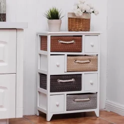 Aufbewahrungsschrank aus Holz mit 4 Schubladen und geflochtenen Körben