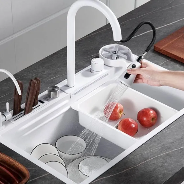 Aufsatzspüle aus Edelstahl mit Wasserfall-Design – elegantes weißes Design