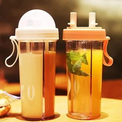 Auslaufsichere Reisewasserflasche – Trinkflasche mit zwei Strohhalmen