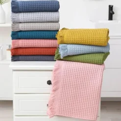 Badetuch mit geometrischer Quaste, schnelltrocknendes Waffelmuster aus Baumwolle, mehrfarbig, 90 x 180 cm