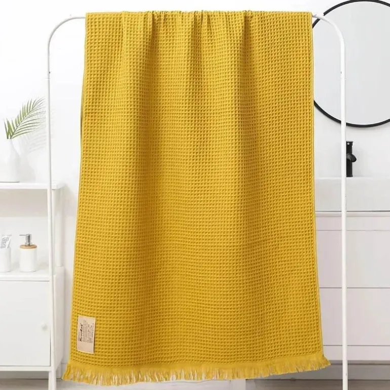 Badetuch mit geometrischer Quaste, schnelltrocknendes Waffelmuster aus Baumwolle, mehrfarbig, 90 x 180 cm