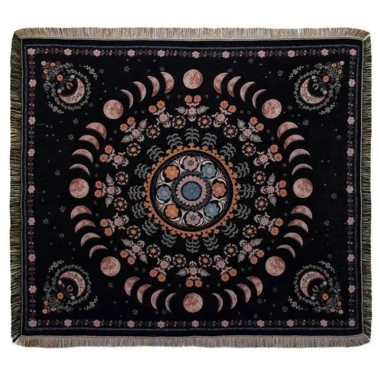 Böhmische Überwurfdecke - Geometrischer Wandteppich-Sofabezug mit Quasten
