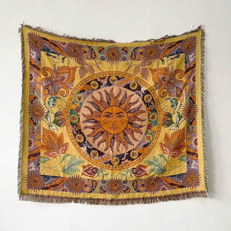Böhmische Überwurfdecke - Geometrischer Wandteppich-Sofabezug mit Quasten