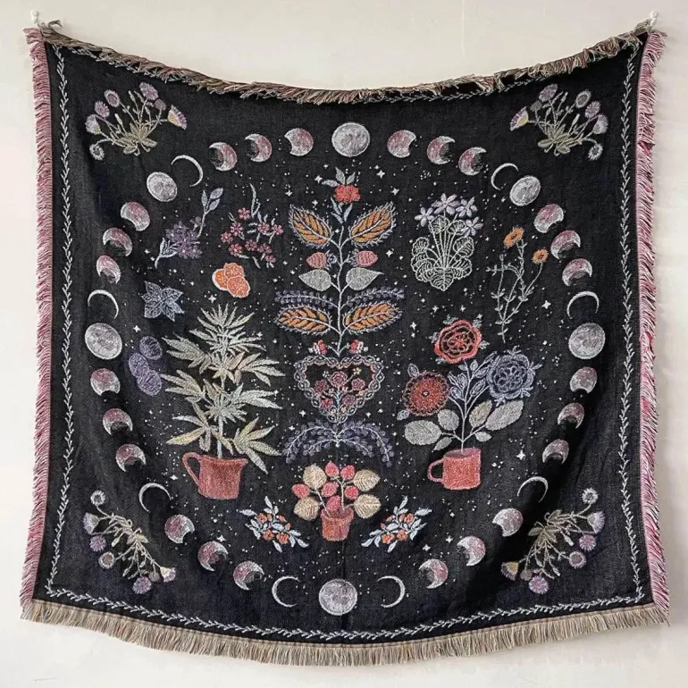 Böhmische Überwurfdecke - Geometrischer Wandteppich-Sofabezug mit Quasten