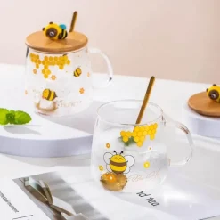 Bienenglasbecher mit Deckel - Kaffeelöffelbecher zum Frühstück