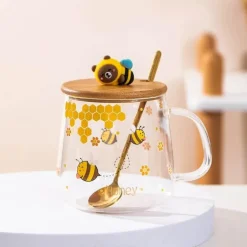 Bienenglasbecher mit Deckel - Kaffeelöffelbecher zum Frühstück