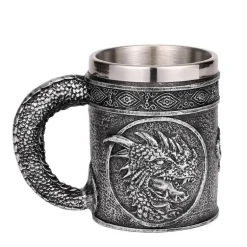 Bierkrug im Retro-Stil mit silbernem Drachenmotiv – 450 ml Edelstahlkrug