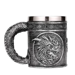 Bierkrug im Retro-Stil mit silbernem Drachenmotiv – 450 ml Edelstahlkrug