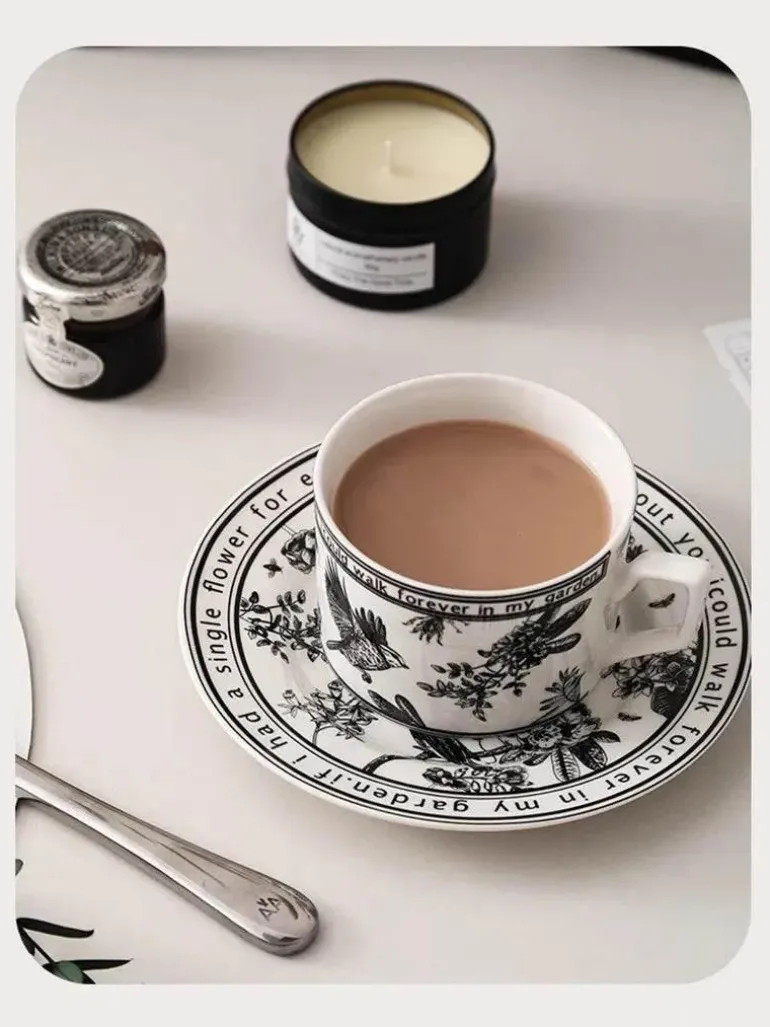 Black Bird Keramiktassen-Set mit Untertasse – Elegantes Trinkgeschirr für Kaffee und Tee