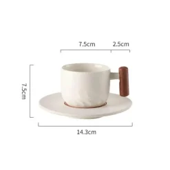 Blaues Retro-Kaffeetassen-Set aus Keramik mit Untertasse und Holzgriff – 130 ml