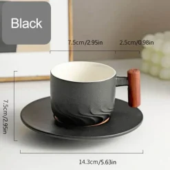 Blaues Retro-Kaffeetassen-Set aus Keramik mit Untertasse und Holzgriff – 130 ml