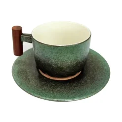 Blaues Retro-Kaffeetassen-Set aus Keramik mit Untertasse und Holzgriff – 130 ml