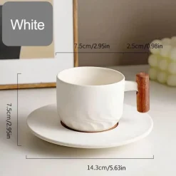 Blaues Retro-Kaffeetassen-Set aus Keramik mit Untertasse und Holzgriff – 130 ml