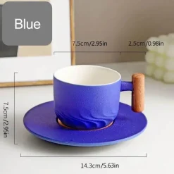 Blaues Retro-Kaffeetassen-Set aus Keramik mit Untertasse und Holzgriff – 130 ml