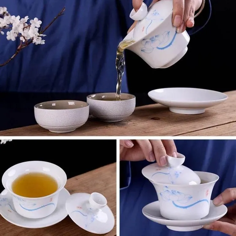 Blau-weißes Gaiwan-Teeservice aus Porzellan, handbemalte traditionelle Teetassen