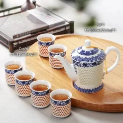Blau-weißes Kungfu-Teeservice aus Porzellan – Puer-Teetasse und Kanne, Teegeschirr für die Teezeit