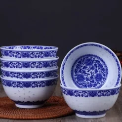 Blau-weißes Reisschüssel-Set aus Porzellan mit Drachenmotiv – dekoratives asiatisches Geschirr