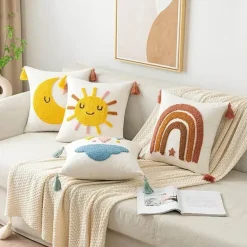 Boho Regenbogen Mond Kissenbezug - Gelbes Quastenkissen 45x45cm