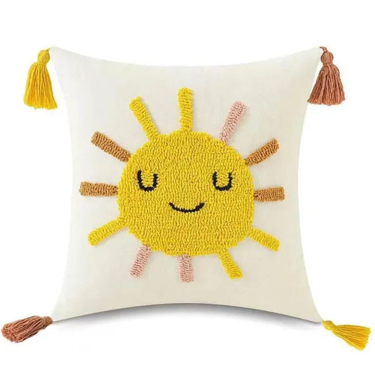 Boho Regenbogen Mond Kissenbezug - Gelbes Quastenkissen 45x45cm