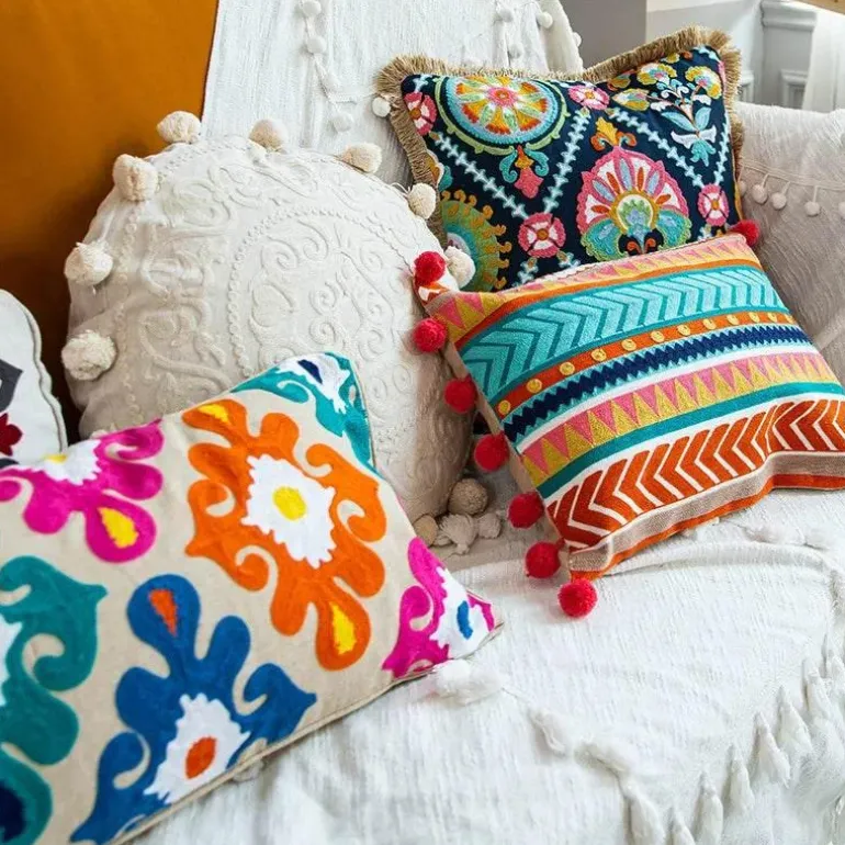Boho Vintage Lendenkissenbezug - Besticktes Quastendesign