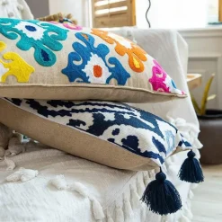 Boho Vintage Lendenkissenbezug - Besticktes Quastendesign