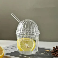 Borosilikatglasbecher mit Deckel und Strohhalm – vertikal gestreifte Kaffeetasse