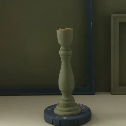 Brush Painted Wood Candle Holder – Vintage Matte Decorative Stand