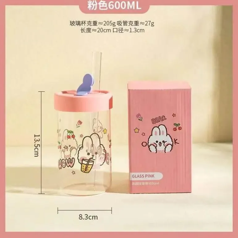 Cartoon-Glasbecher mit Deckel und Strohhalm – 600 ml Trinkgeschirr