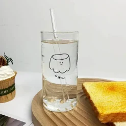 Cartoon-Saftbecher mit Strohhalm - Transparenter Kinderglasbecher