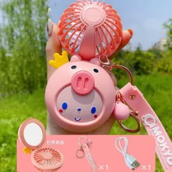 Cartoon-Schminkspiegel mit USB-Ventilator – Tragbares Kosmetikwerkzeug