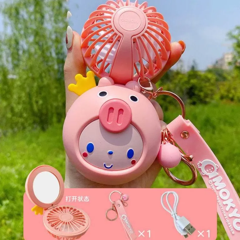 Cartoon-Schminkspiegel mit USB-Ventilator – Tragbares Kosmetikwerkzeug