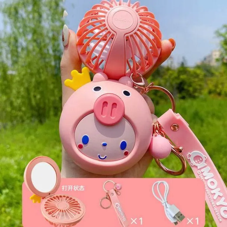 Cartoon-Schminkspiegel mit USB-Ventilator – Tragbares Kosmetikwerkzeug