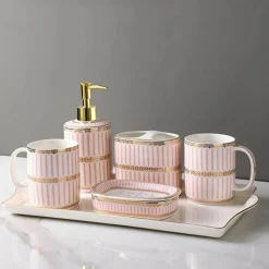 Ceramic Bathroom Set - Stripe Gilt Design