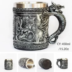 Drachenschädel-Krug – 600 ml mittelalterlicher Bierkrug aus Edelstahl