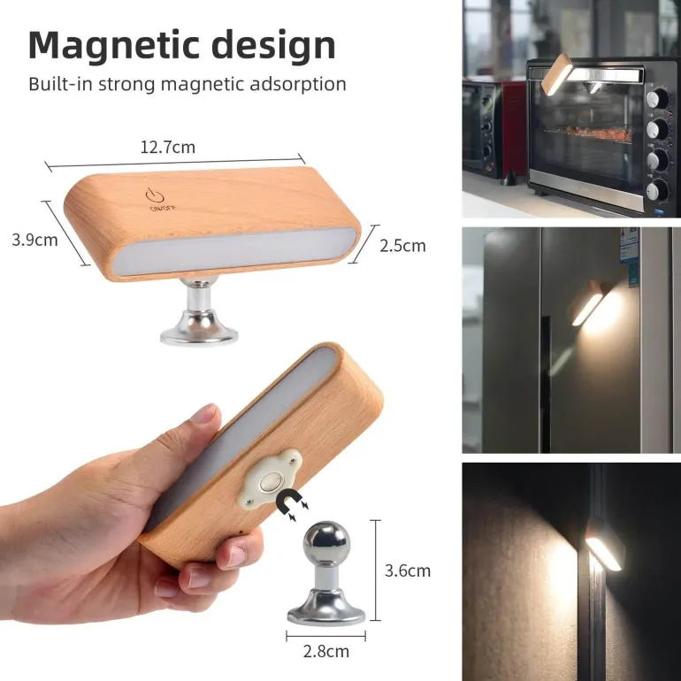 Drehbare magnetische LED-Nachtlampe - wiederaufladbare Schreibtischlampe aus Holz