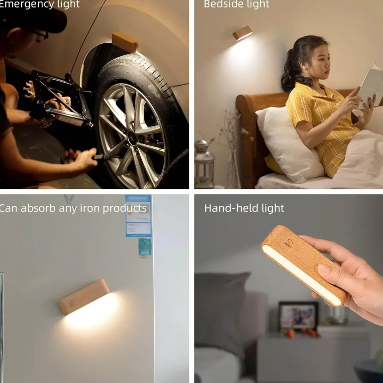 Drehbare magnetische LED-Nachtlampe - wiederaufladbare Schreibtischlampe aus Holz