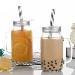 Einmachglas-Becher mit Henkeln – Klares Trinkgeschirr mit Strohhalm