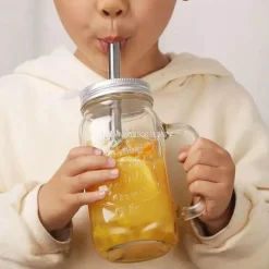 Einmachglas-Becher mit Henkeln – Klares Trinkgeschirr mit Strohhalm