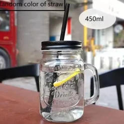 Einmachglas-Becher mit Henkeln – Klares Trinkgeschirr mit Strohhalm