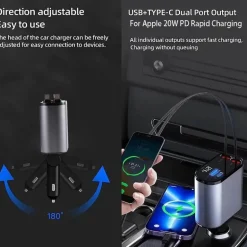 Einziehbares 4-in-1-Autoladegerät mit Schnellladefunktion