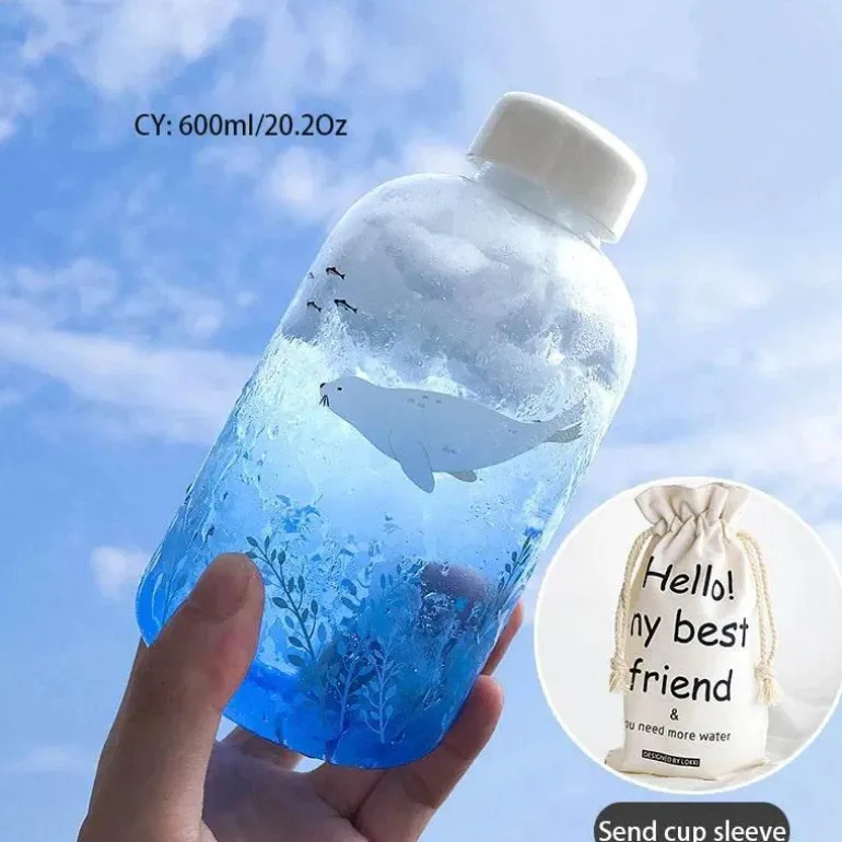 Eisbär-Wasserflasche – 600 ml, blaues Glasdesign