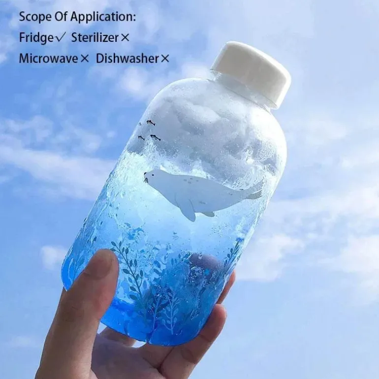 Eisbär-Wasserflasche – 600 ml, blaues Glasdesign