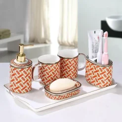 Elegant Red Gilt Ceramic Bathroom Set - Stylish Bath Accessories