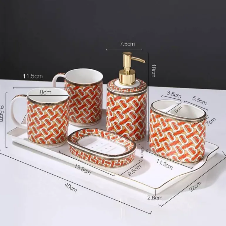 Elegant Red Gilt Ceramic Bathroom Set - Stylish Bath Accessories