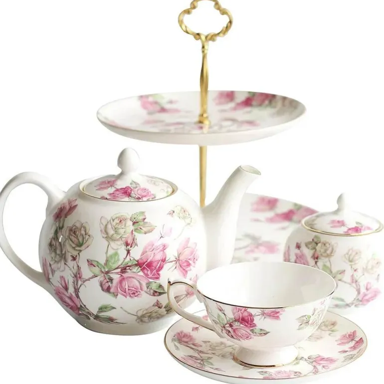 Elegantes Royal Rose Teeservice - Teekanne, Teetassen, Milchkännchen, Zuckerdose, Untertasse