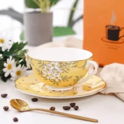 Elegantes Teeservice aus Knochenporzellan – Zitronenbaum-Tasse und Untertasse, Schwarztee-Set