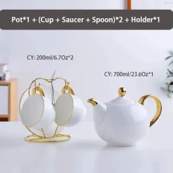 Elegantes Teeservice aus Bone China – Teetassen und Teekanne aus weißem Gold