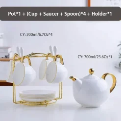 Elegantes Teeservice aus Bone China – Teetassen und Teekanne aus weißem Gold