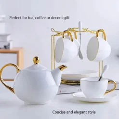 Elegantes Teeservice aus Bone China – Teetassen und Teekanne aus weißem Gold
