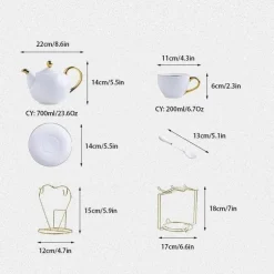 Elegantes Teeservice aus Bone China – Teetassen und Teekanne aus weißem Gold